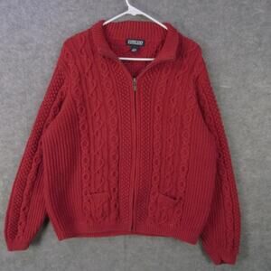 Lands' End Sweater Womens Extra Large Red Cable Knit Full Zip Cardigan Mock Neck